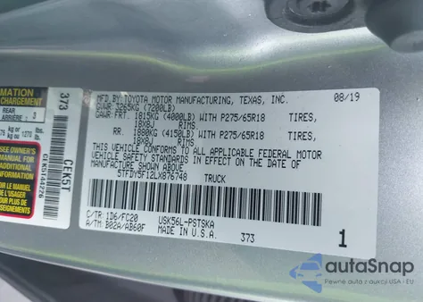 2020 Toyota Tundra Sr5 z USA, uszkodzony, nr VIN 5TFDY5F12LX876748